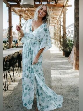 Baltic Born Kia Kimono Maxi Dress In Sage Floral XL Spring Wedding Lined Floral